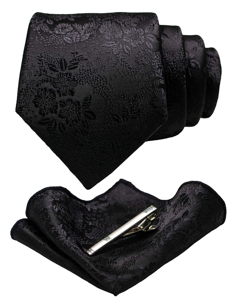 JEMYGINS Silk Black Floral Necktie and Pocket Square, Hankerchief and Tie Bar Clip Sets for Men (9) - Image 1